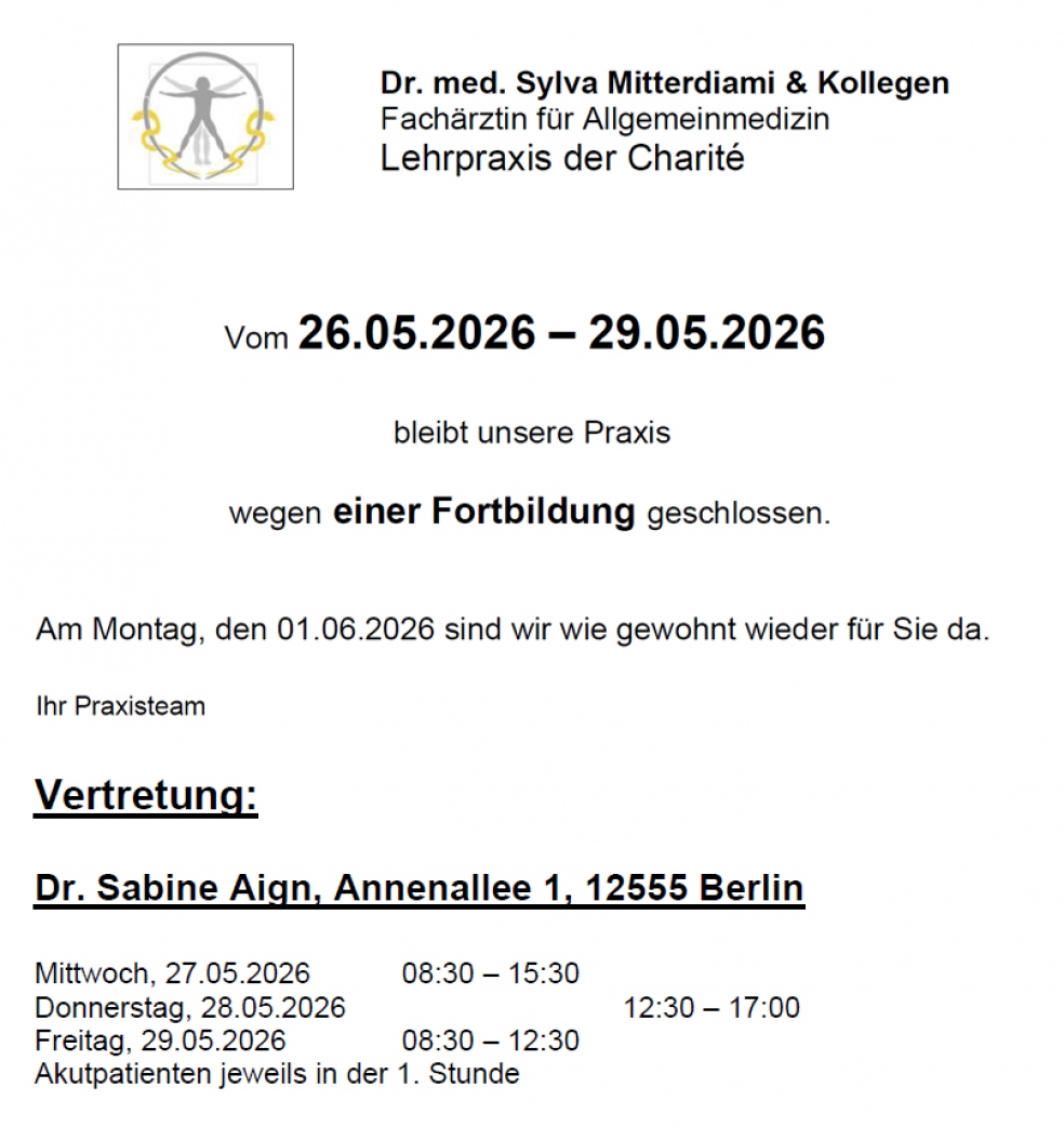Praxis geschlossen vom 26.5.-29.5., Vertretung: Dr. Sabine Aign